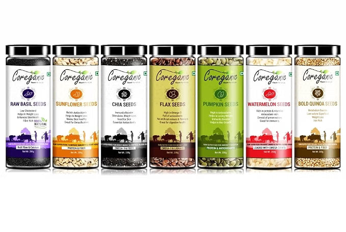 Coreganic Raw Edible Seeds Family Value Pack (Flax,Chia,Pumpkin,Sunflower,Basil,Watermelon & Quinoa Seeds,200g[Pack of 7]