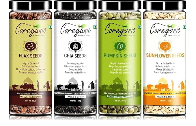 Coreganic Raw Combo Seeds Value Pack (FLax Seed,Chia Seed,Pumpkin Seed & Sunflower Seed),150g [pack of 4]