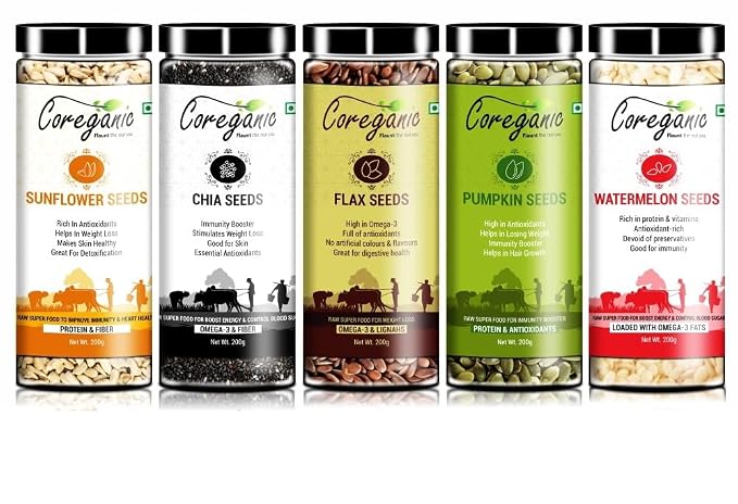 Coreganic Raw Edible Seeds family Pack (Flax,Chia,Pumpkin,Sunflower & Watermelon),200g [Pack of 5]