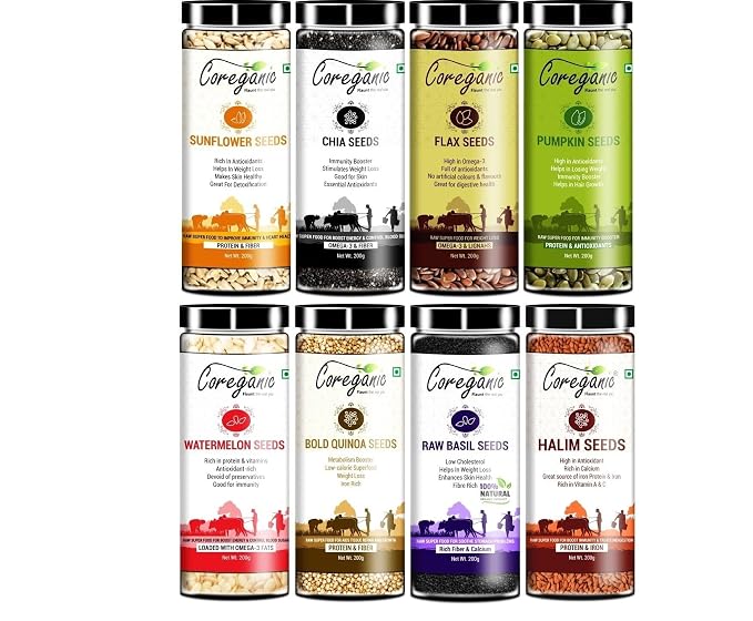 Coreganic Raw Edible Seeds Family pack (Flax,Chia,Pumpkin,Sunflower,Basil,Watermelon,Quinoa Seeds & Halim Seed),200g [Pack of 8]