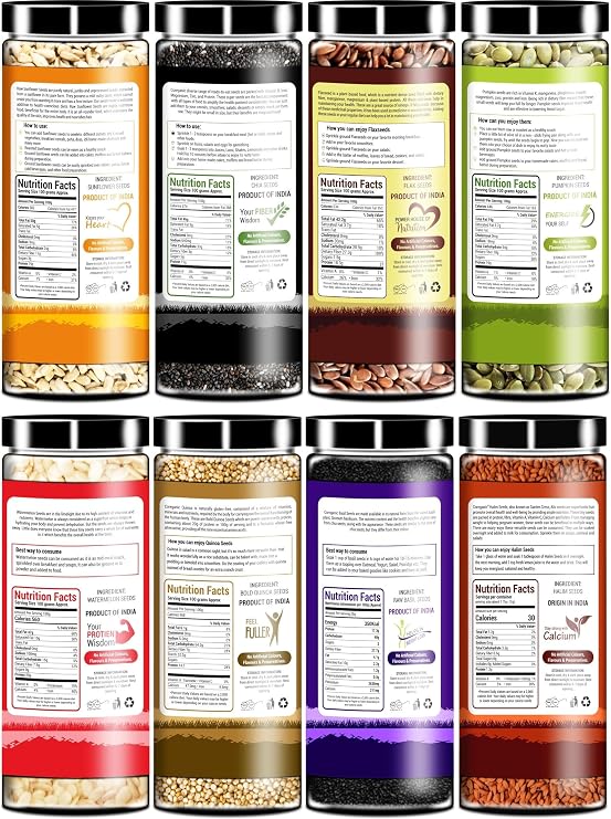 Coreganic Raw Edible Seeds Family pack (Flax,Chia,Pumpkin,Sunflower,Basil,Watermelon,Quinoa Seeds & Halim Seed),200g [Pack of 8]